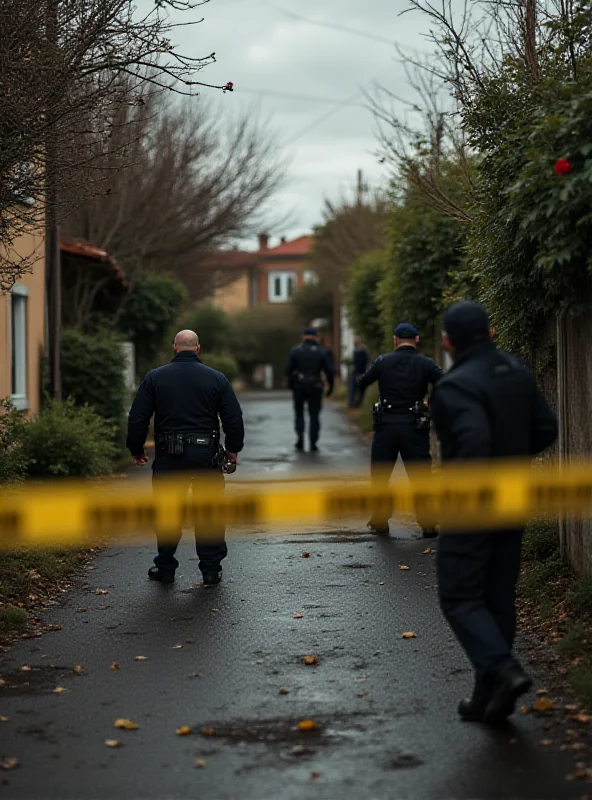 Police officers investigating a crime scene tape in front of a house.