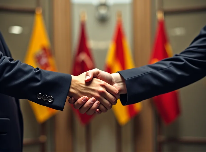 Two people shaking hands in front of the flags of Spain and Catalonia, symbolizing an agreement between the regions.