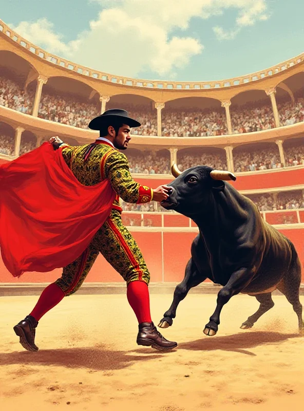 Illustration of a bullfighter facing a bull in a traditional arena.