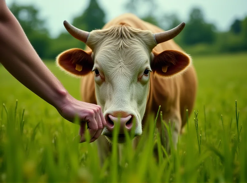 A person gently stroking the nose of a bull in a field.