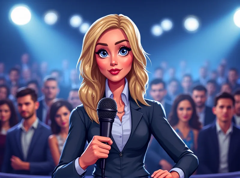 A digital illustration depicting a talk show set with a Spanish reporter holding a microphone and looking inquisitively at the viewer.