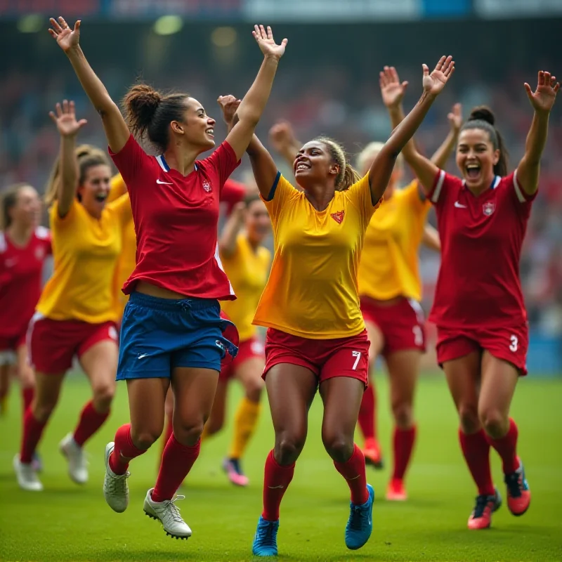 A diverse group of female football players celebrating a goal.