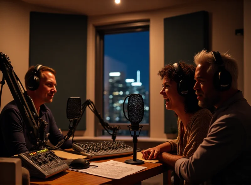 Podcast recording setup with microphones and sound equipment.