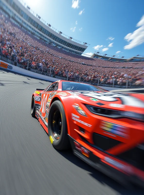 A close-up of a NASCAR race car speeding around a track, with blurred motion and dramatic lighting.