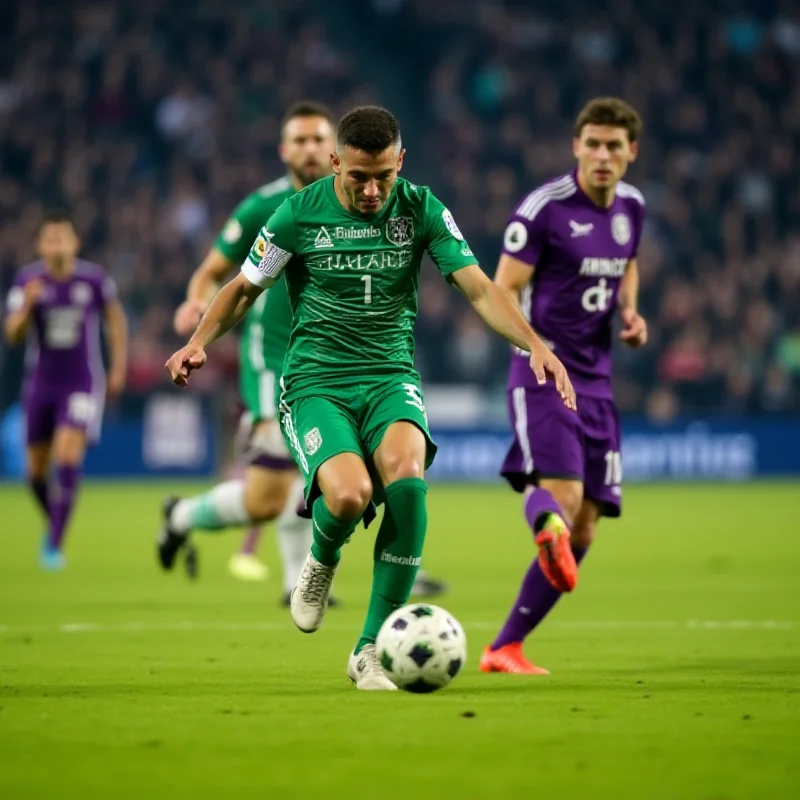 A soccer player kicking the ball during a Conference League match between Panathinaikos and Fiorentina.