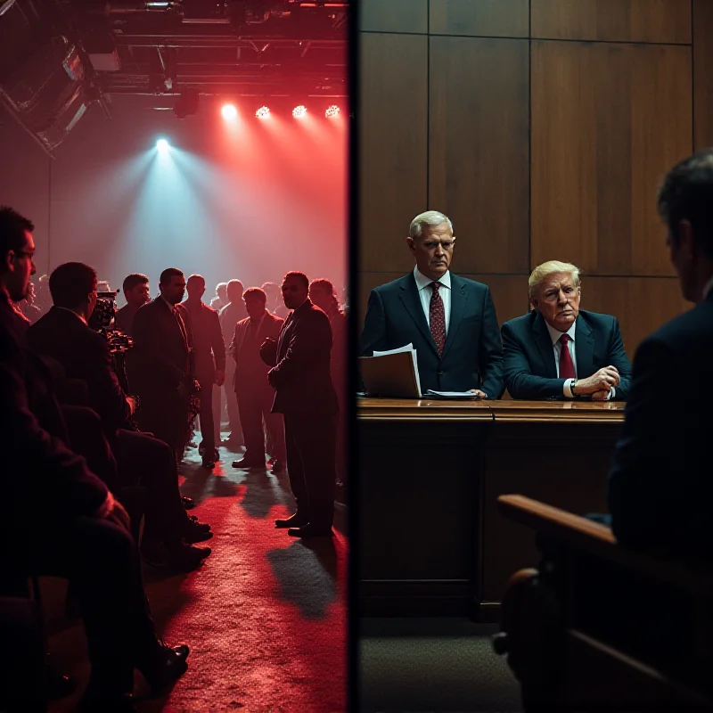 A split image. On the left, a film set with cameras and lights. On the right, a courtroom with lawyers and a judge.