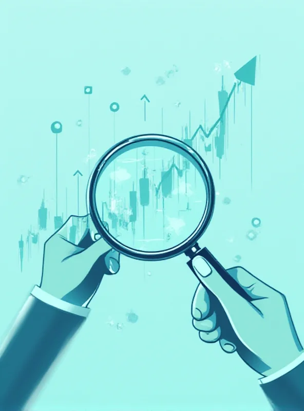 A stylized image representing stock market analysis, with charts, graphs, and magnifying glasses.