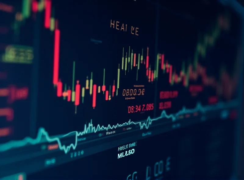 A close-up of a stock ticker display showing Hercules Capital's stock symbol (HTGC) alongside fluctuating numbers and graphs, hinting at the increased put options trading volume.