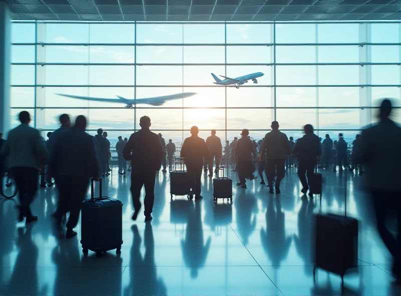 A bustling scene at Frankfurt Airport, with planes taking off and landing in the background. The foreground shows travelers rushing through the terminal.
