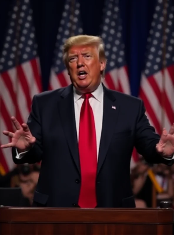 Donald Trump giving a speech at a podium, with a serious expression.