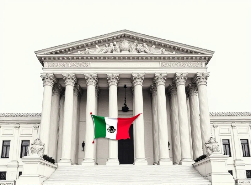 Illustration of the US Supreme Court building with a Mexican flag waving in the foreground, suggesting a legal dispute between the two nations.