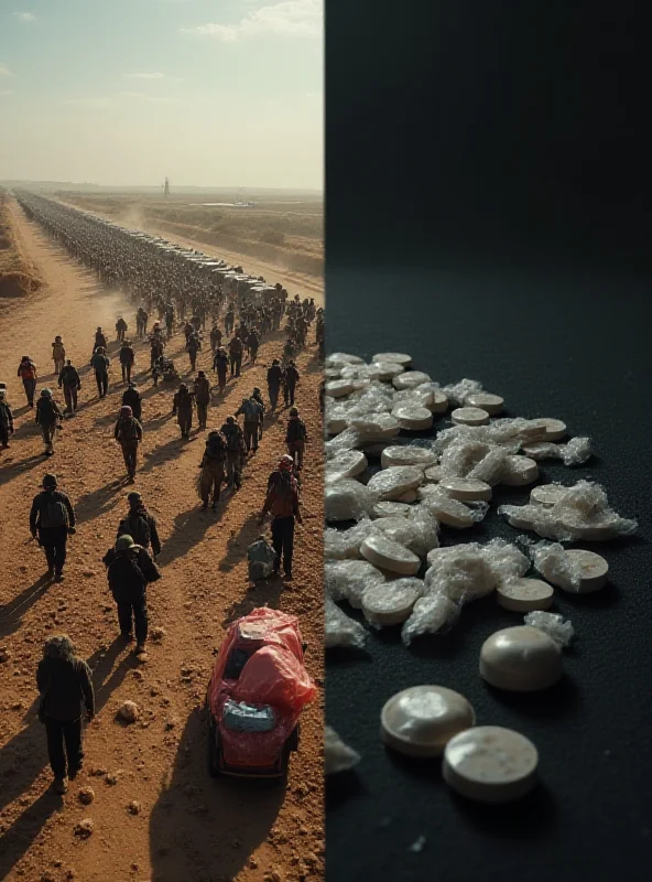 A split image showing a migrant caravan on one side and bags of fentanyl pills on the other, symbolizing the shift in focus from migration to opioid trafficking in US-Mexico relations.
