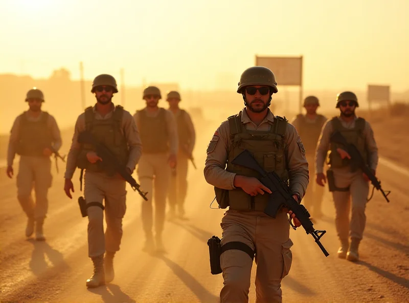 Syrian soldiers patrolling a dusty road in a rural area.