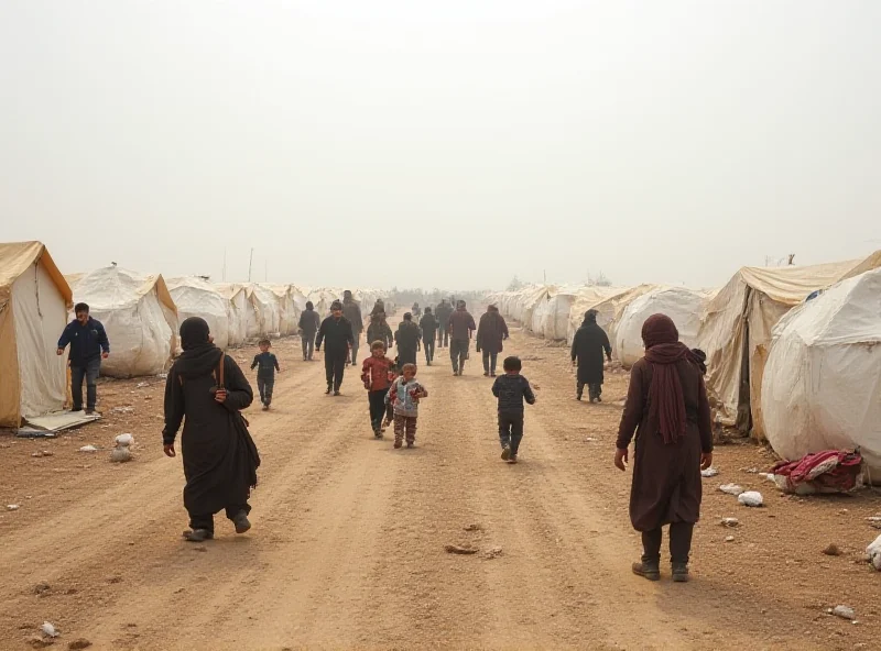A somber scene at a displacement camp, with tents and makeshift shelters.