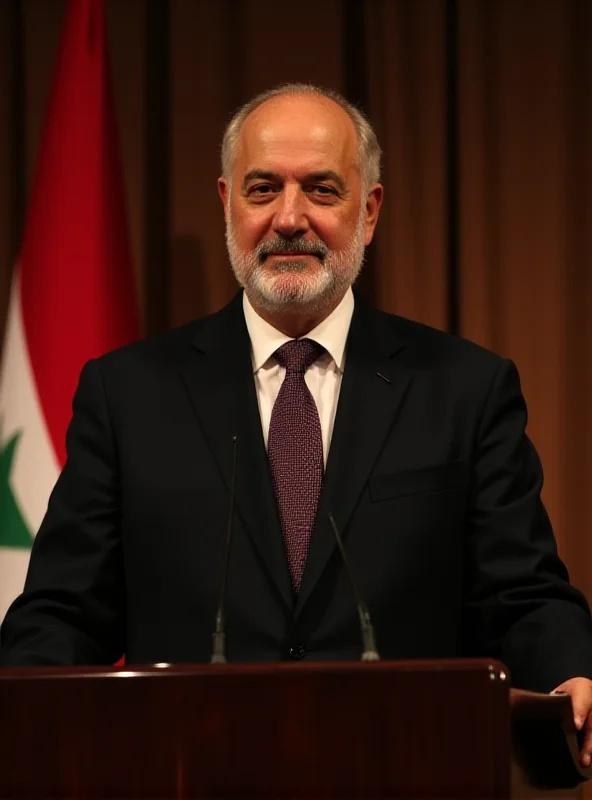 Ahmed Al-Shar giving a speech at a podium with the Syrian flag behind him.