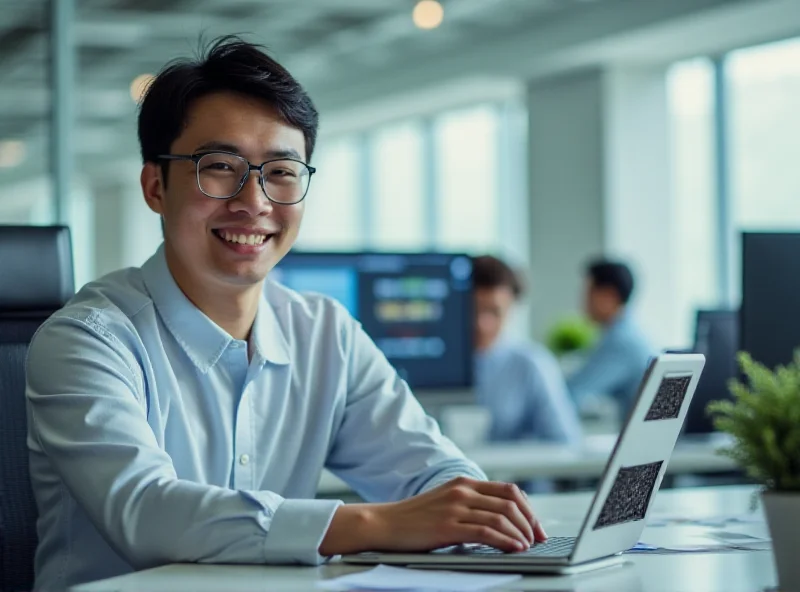 Taiwanese entrepreneur using a laptop with AI interface for content creation