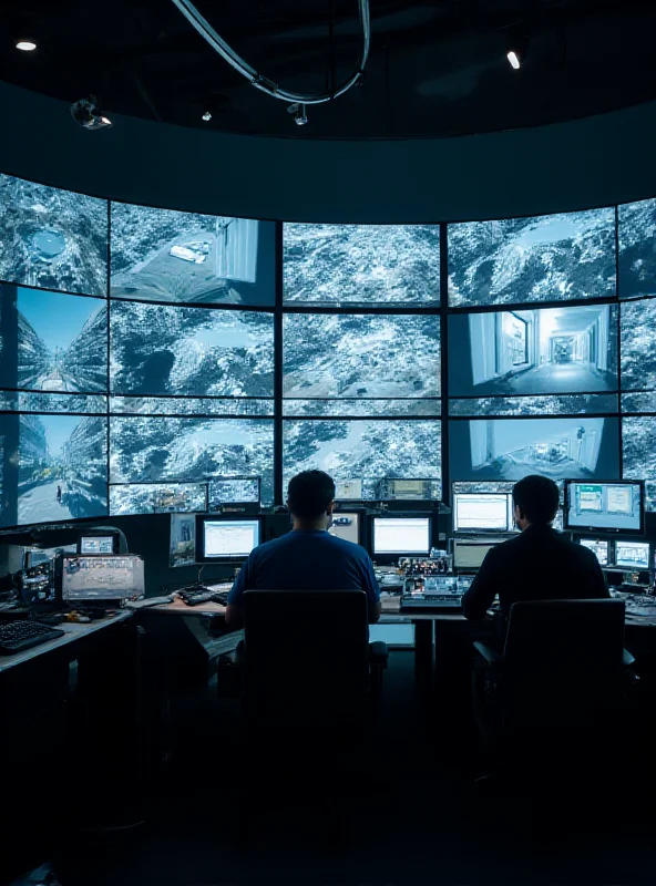 A control room displaying multiple CCTV camera feeds in Kabul, Afghanistan