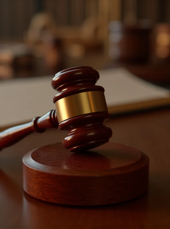 Gavel on a wooden block in a courtroom setting.