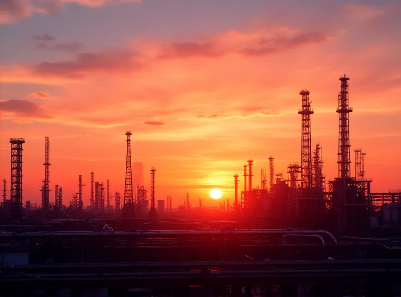 Oil refinery at sunset with oil tankers in the background.