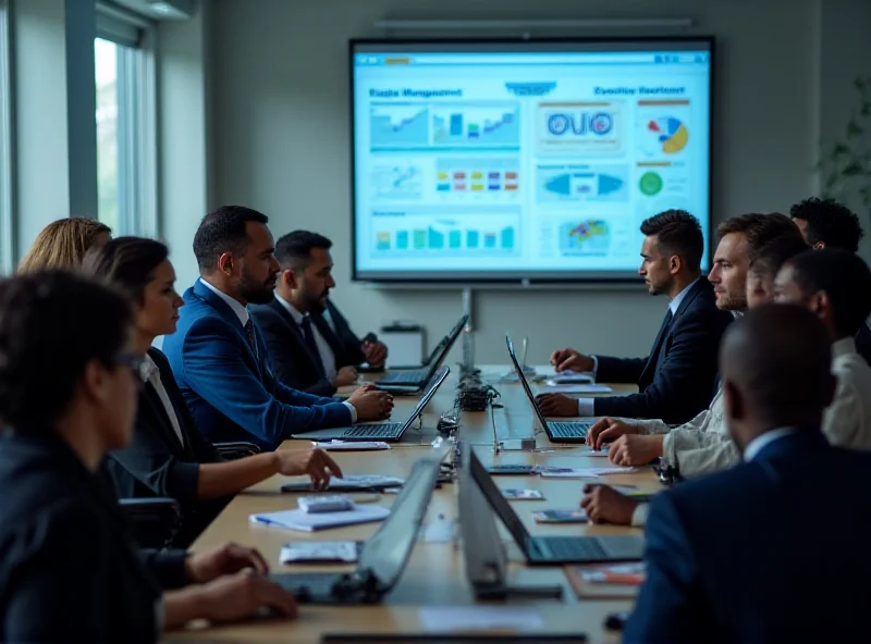 A diverse group of civil servants attentively listening to an IT training session, focused on laptops and a presentation screen displaying IT project management concepts.