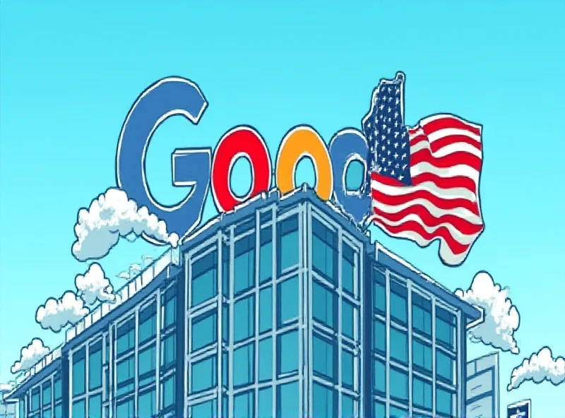 Illustration of Google headquarters with an American flag waving in the background, symbolizing the company's relationship with the US government.