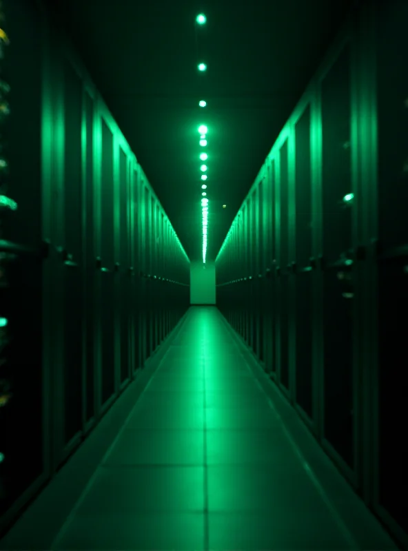 A server room filled with blinking lights, with a faint green glow overlaying the image to symbolize energy efficiency.