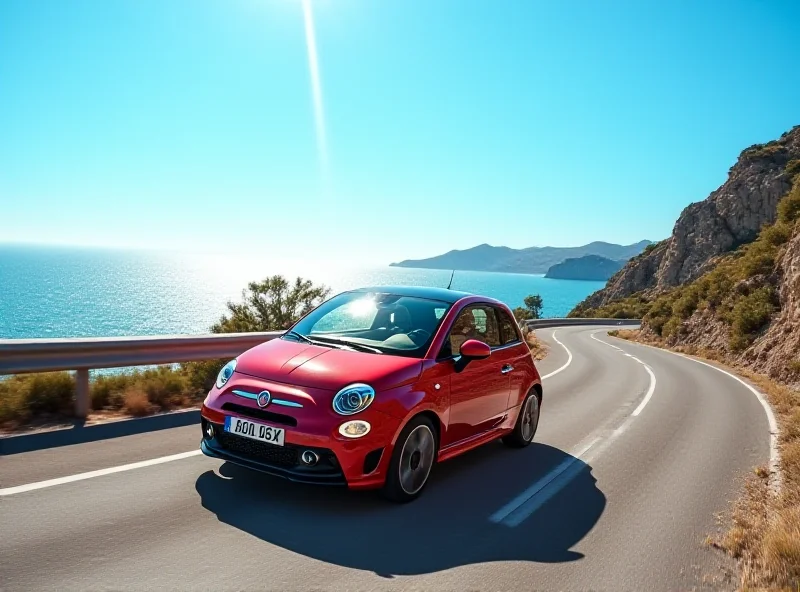 A stylish photograph of the new Fiat 600 driving along a sunny coastal road, showcasing its design and features.