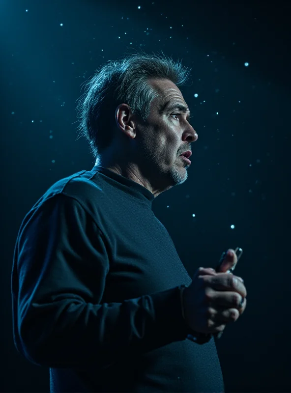 An actor on stage with a concerned expression, overlaid with AI circuit patterns
