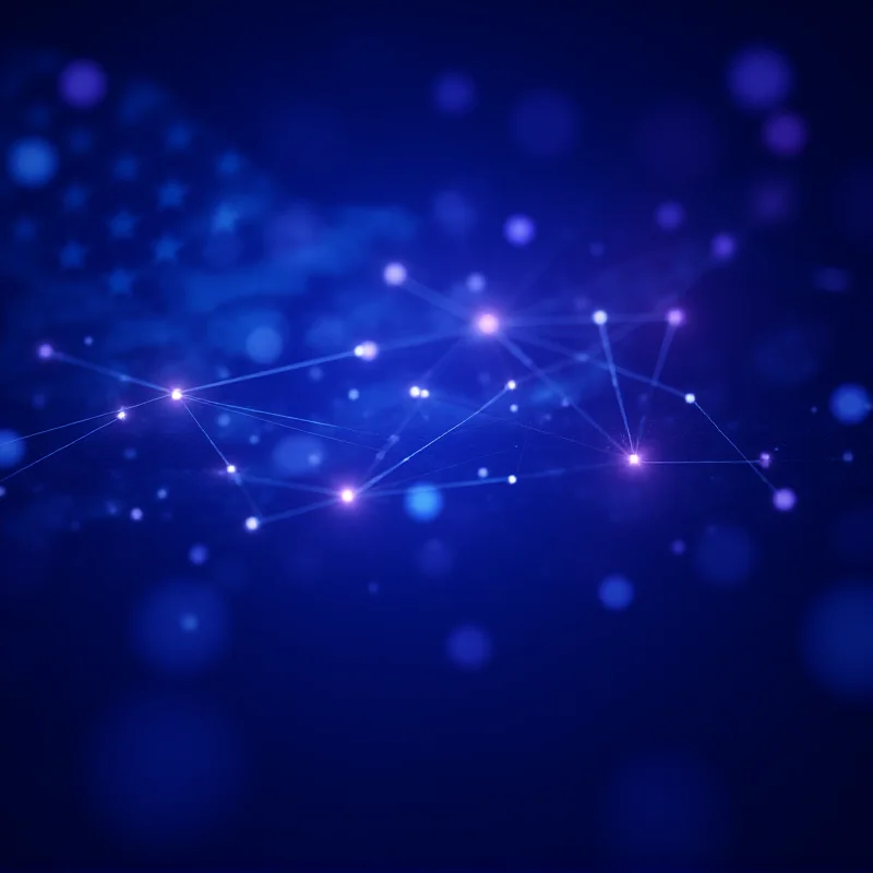 Abstract digital art depicting interconnected nodes and circuits representing AI, with a faint outline of the American flag in the background.