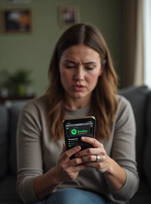 A frustrated person looking at their phone with the Spotify app displaying an advertisement despite them being a Premium subscriber.