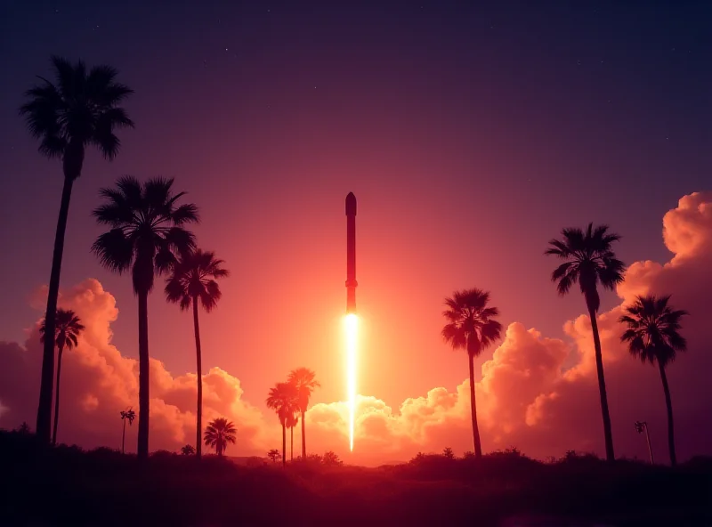 A rocket launching from a spaceport at dusk, with palm trees in the foreground.