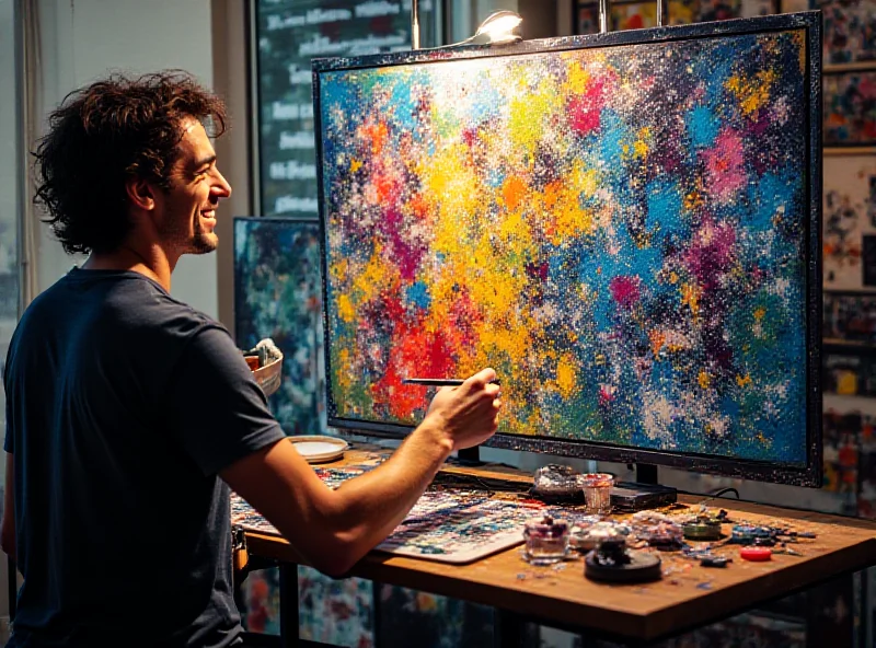 A split image showing a human artist painting on a canvas versus an AI generating art on a computer screen.