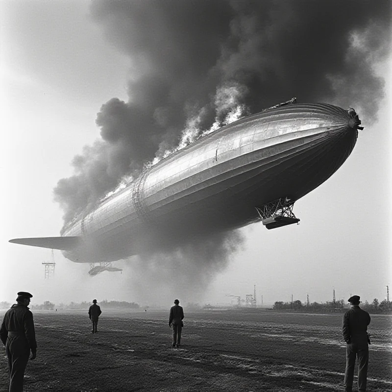 Black and white photograph of the Hindenburg disaster.