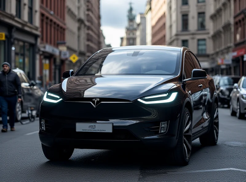 A Tesla Cybertruck parked on a city street, with a slightly blurred background to emphasize the vehicle. The image conveys a sense of modern technology and urban lifestyle. 
