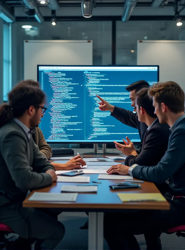 A diverse team of software developers collaborating around a large monitor displaying code. The atmosphere is collaborative and energetic.