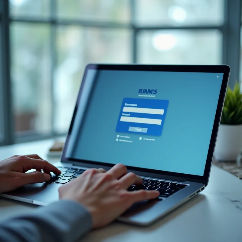 A person typing on a laptop with the IONOS webmail login screen visible on the display. The scene is set in a modern, minimalist office.