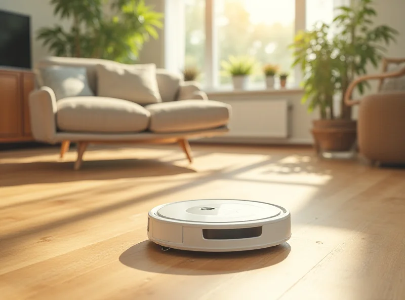 A white iRobot Roomba vacuuming a hardwood floor in a modern living room.