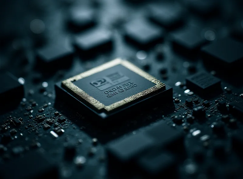 A close-up of an Nvidia GPU (Graphics Processing Unit) chip on a circuit board, with intricate details visible. The lighting is dramatic, highlighting the complexity and advanced technology of the chip. The background is a blur of other electronic components.