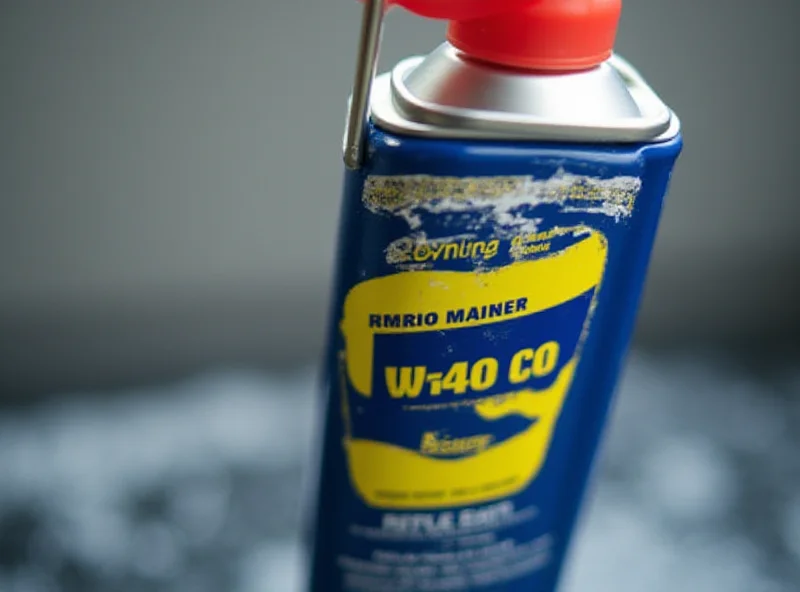 A close-up shot of a can of WD-40, with the iconic blue and yellow branding prominently displayed. The can is slightly tilted, showing the nozzle and the product name clearly. The background is blurred, focusing attention on the WD-40 can.