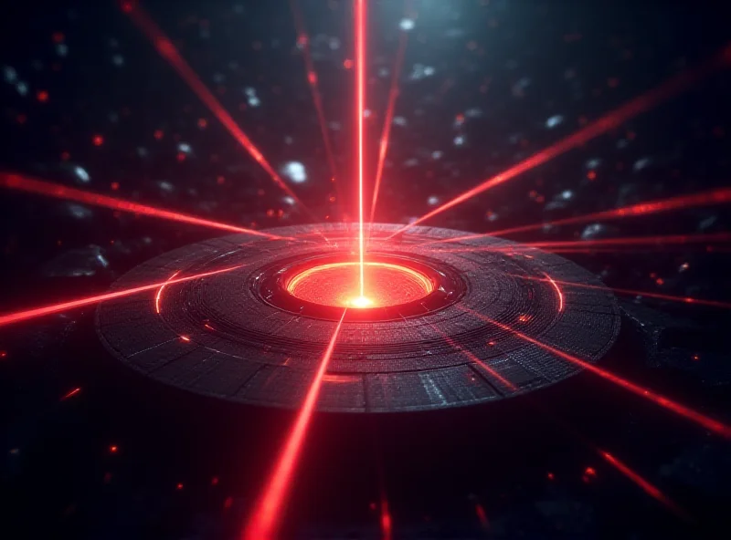 Abstract representation of a nuclear reactor core with beams of laser light emanating from it.