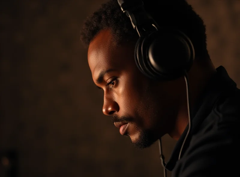 Close-up of a person wearing high-end headphones, listening to music with a focused expression.