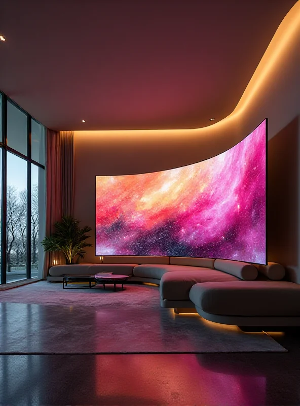 A sleek, modern living room with a large LG Flex 4K Smart TV taking center stage, showcasing its curved display.