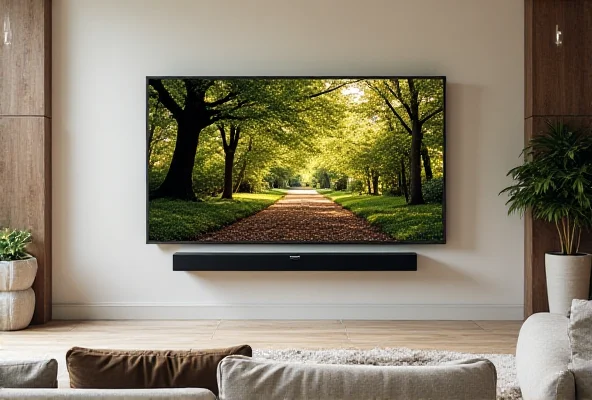 A sleek soundbar positioned beneath a large screen TV in a modern living room.
