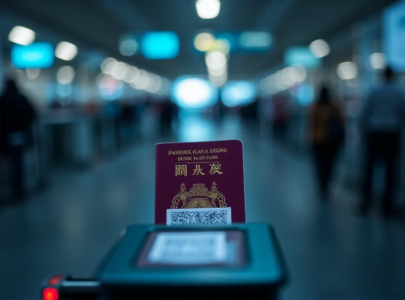 A close-up shot of a passport being scanned by an MRZ scanner, with a focus on the machine-readable zone and the laser scanning technology. The background is blurred, suggesting a busy airport or security checkpoint.