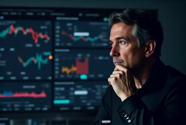 A skeptical looking person with their hand on their chin in front of a computer screen displaying a trading app interface.