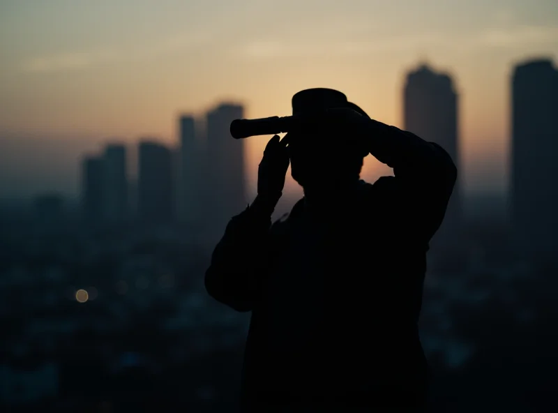Silhouette of a person looking through binoculars against a blurred cityscape of Manila, Philippines.