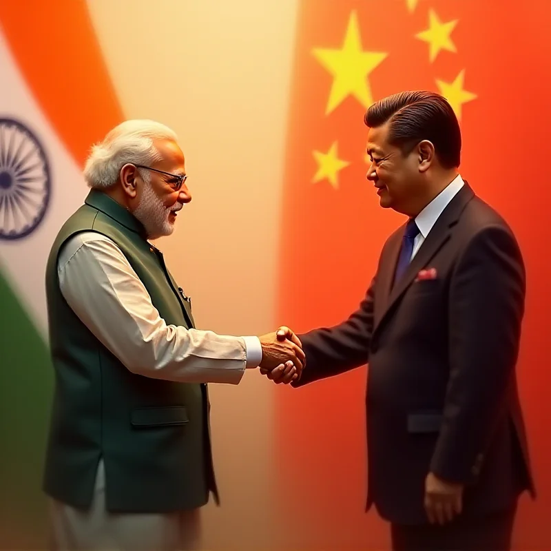 Digital art of a handshake between Narendra Modi and Xi Jinping against a backdrop of Indian and Chinese flags.