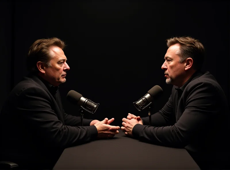 Elon Musk sitting down for a podcast interview with Joe Rogan, both looking serious