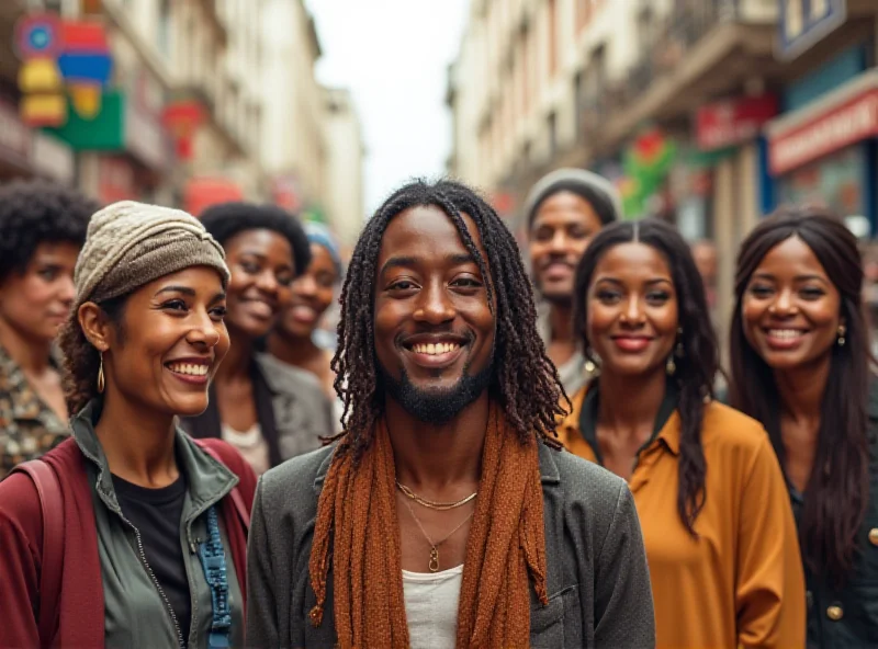 Diverse group of people from different ethnic backgrounds standing together in a bustling city street, representing immigration.