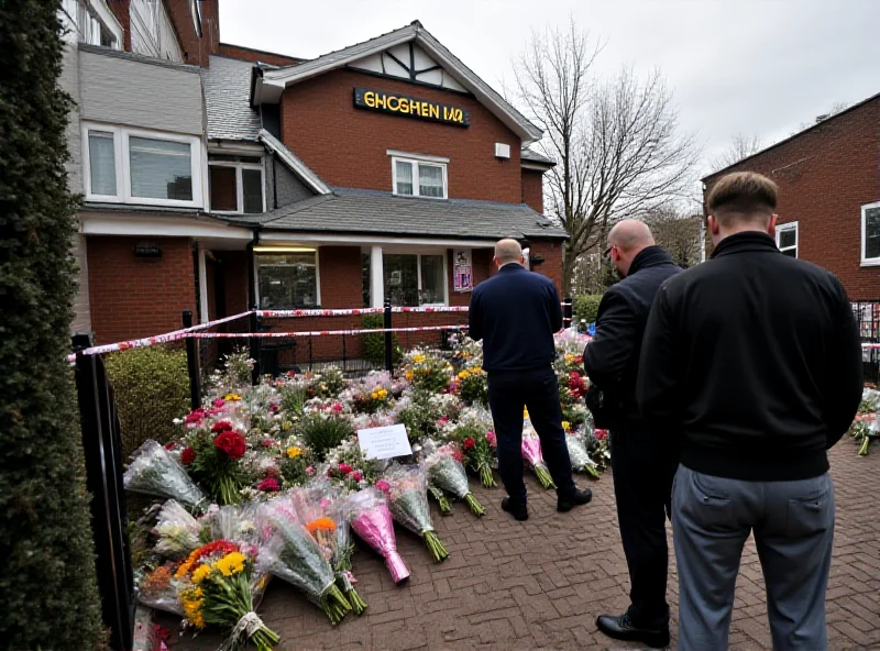 Mourners placing flowers at the entrance to a rugby club with police tape visible in the background.